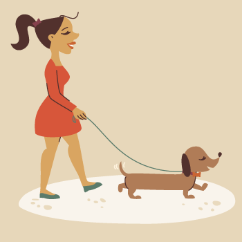 Illustration of a woman walking her sausage dog