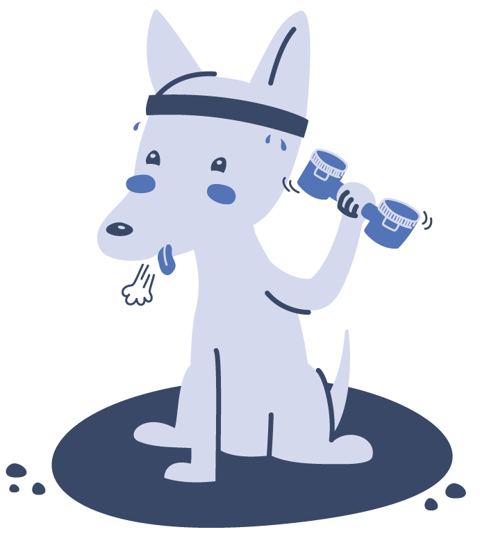 an illustration of a dog working out, lifting weights