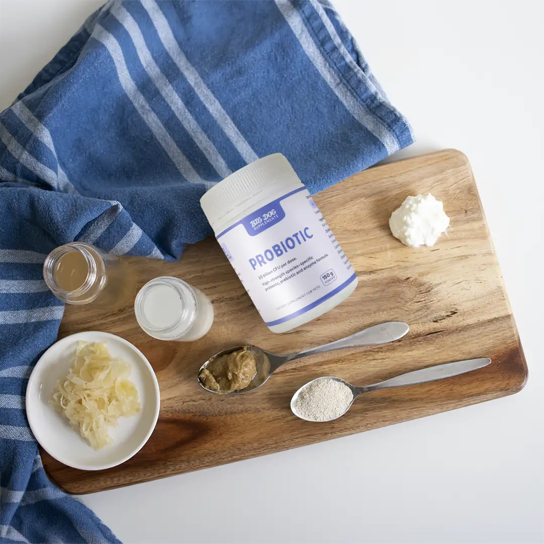 Big Dog probiotic on wooden chopping board surrounded by probiotic rich foods like kefir, sauerkraut and yoghurt