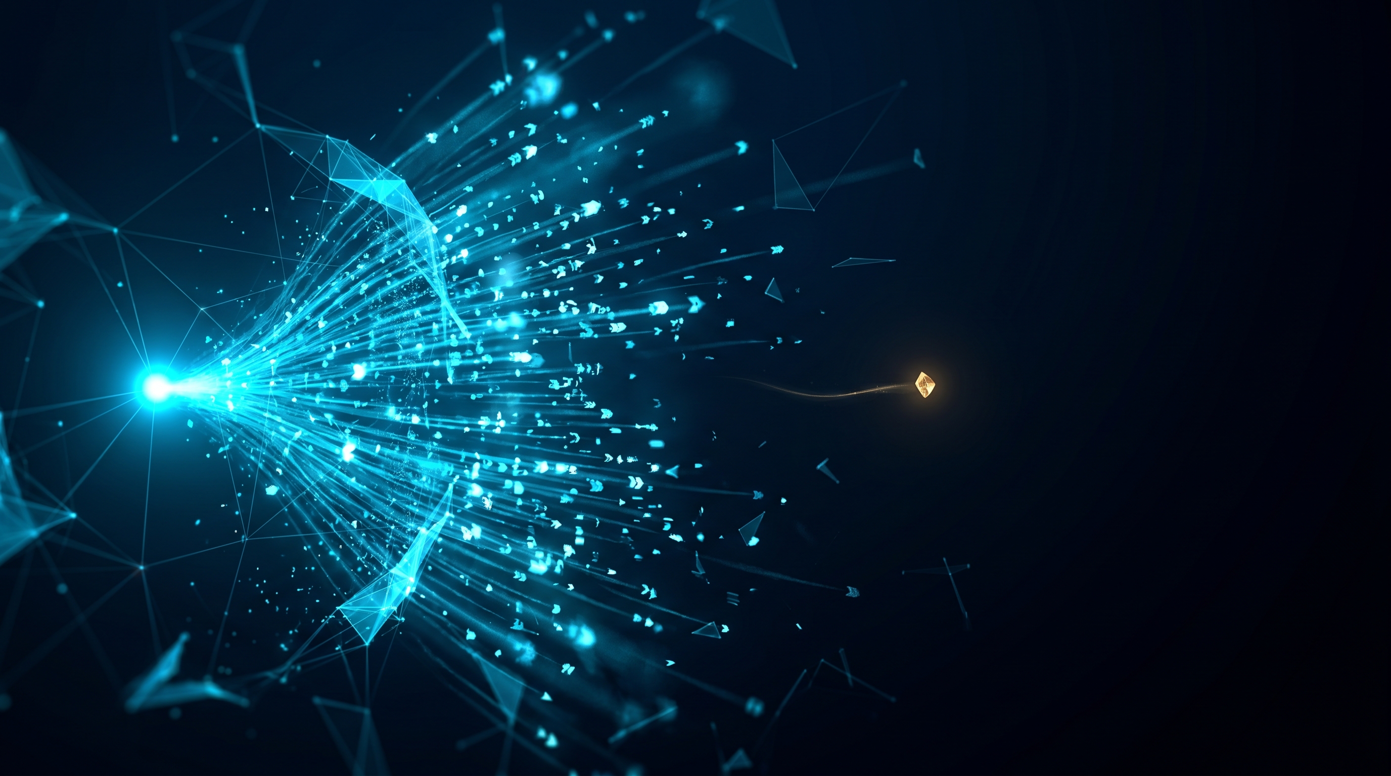 A bright stream of cyan outbound message-signals fires into a vast dark void, with a single small gold reply drifting back against the current — heavy outbound, near-total silence.