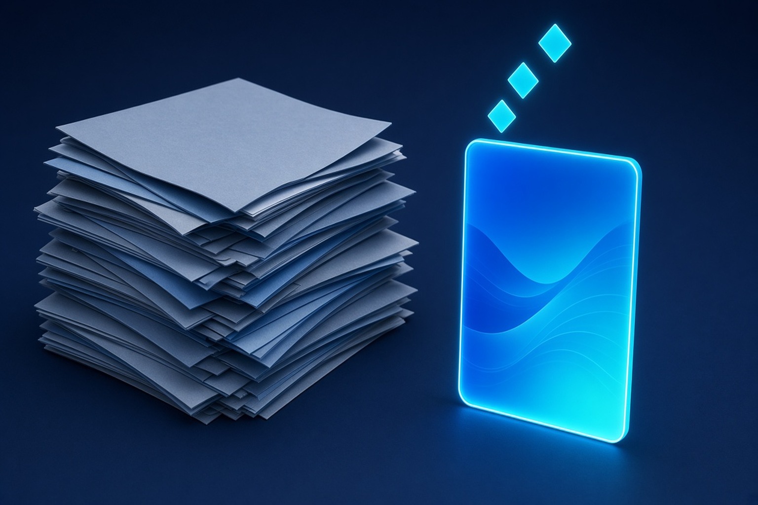 Tall stack of muted grey-blue research folders on the left; one glowing cyan briefing card as hero on the right with three small cyan evidence chips floating above.