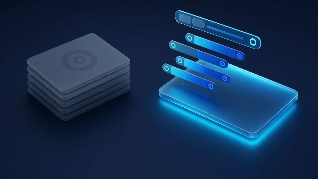 Opaque intent score tiles dim on the left; a glowing cyan evidence card with dated source chips rises on the right.