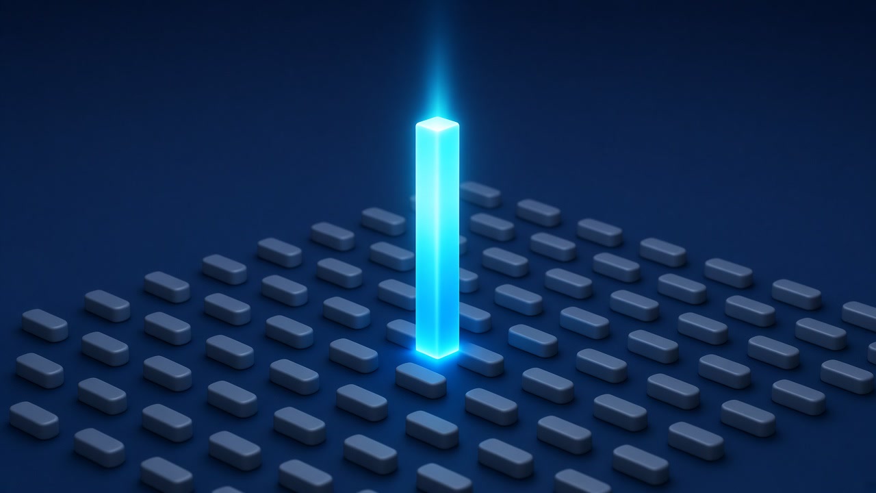 One cyan-glowing rising bar of light emerges from a dark grid of muted inactive bars on deep navy.