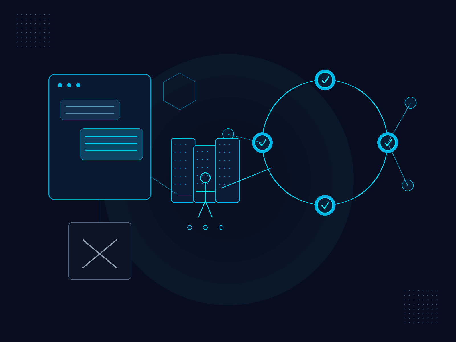Dark navy field; chat path versus connected workflow loop; seller at judgment gate.