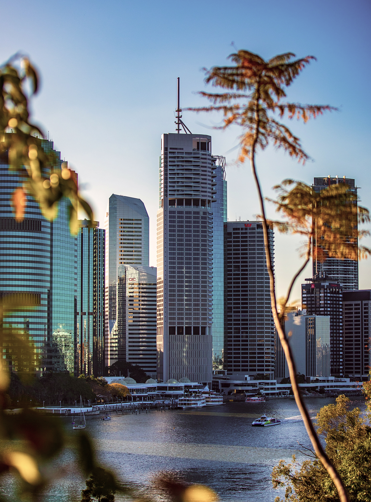 Brisbane CBD skyline viewed from the river at golden hour, with high-rise buildings and a ferry on the water