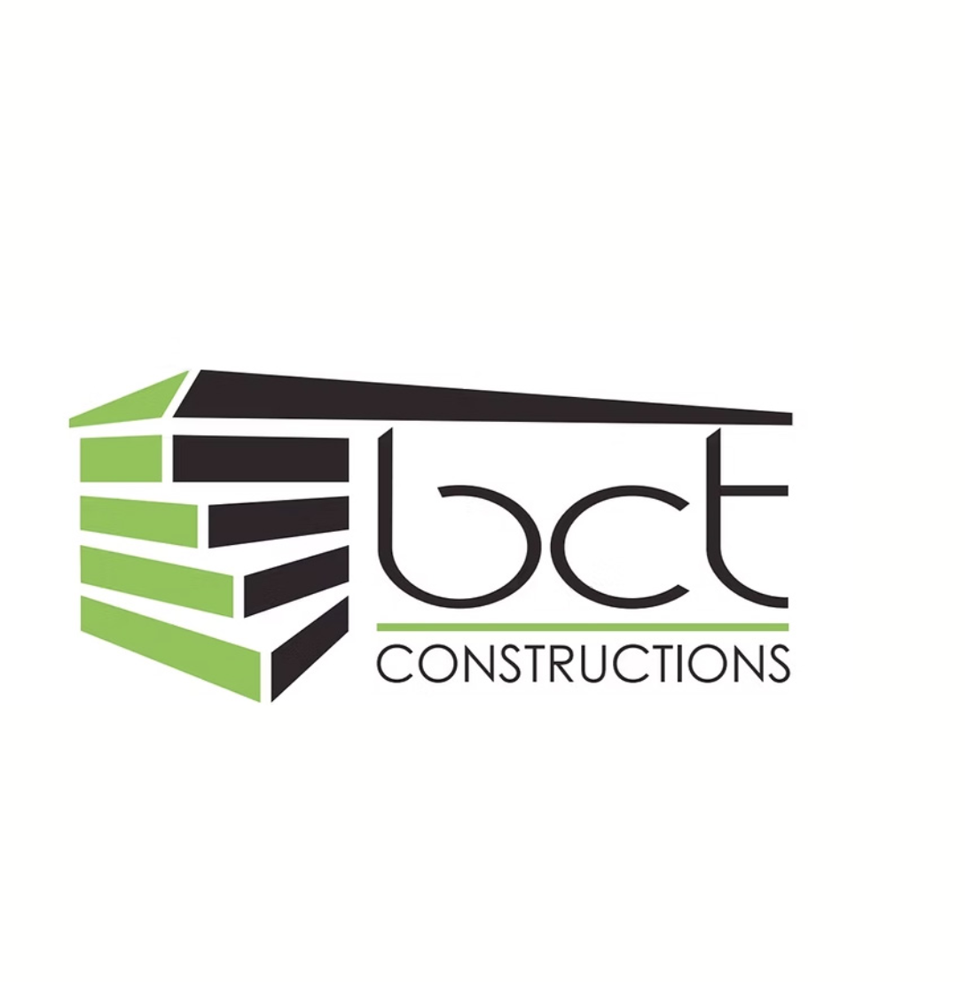 Logo for bct Constructions with a black and green building icon and stylized text.