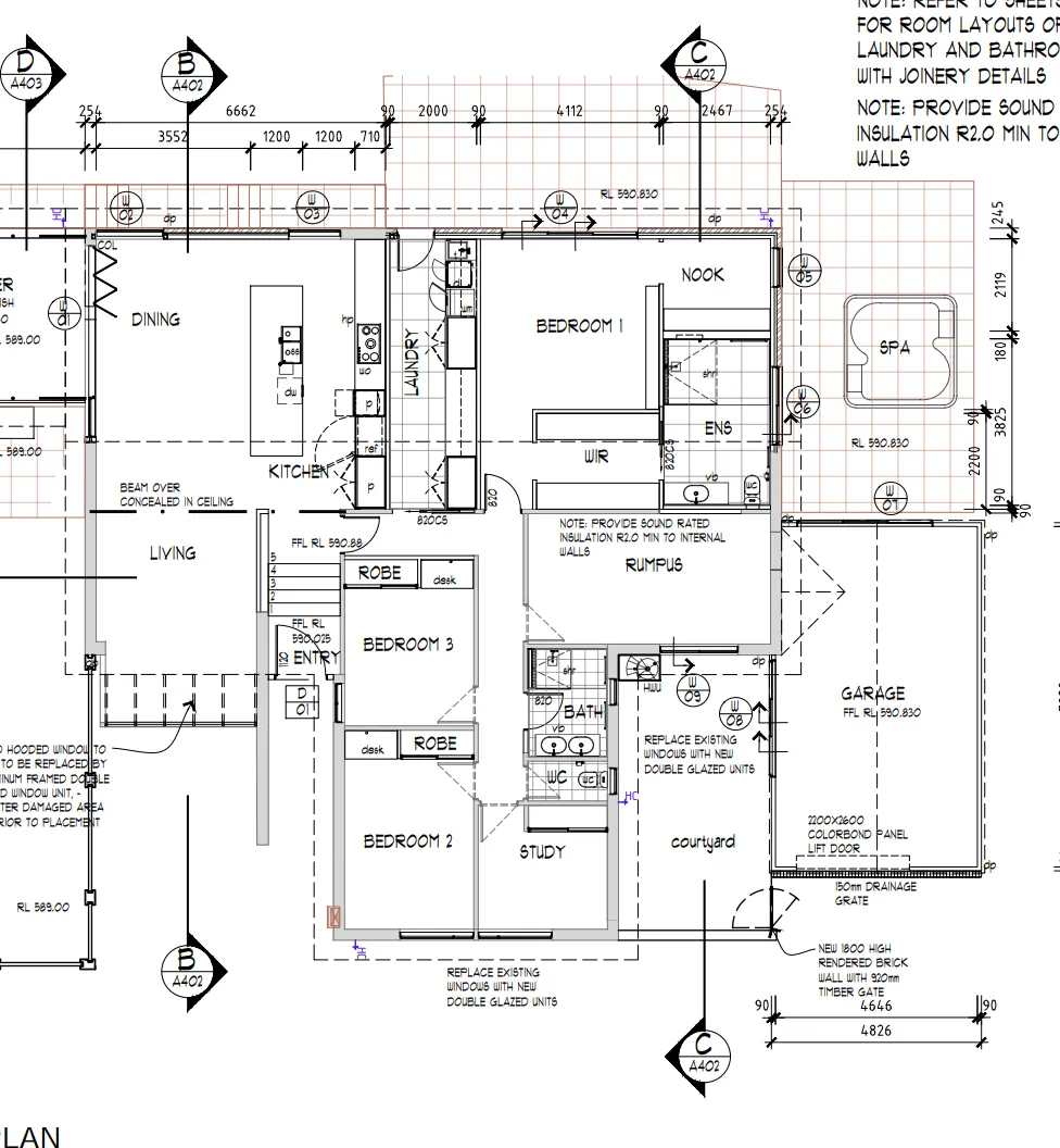 Architectural floor plan showing living, dining, kitchen, bedrooms, study, garage, spa, and courtyard layout.