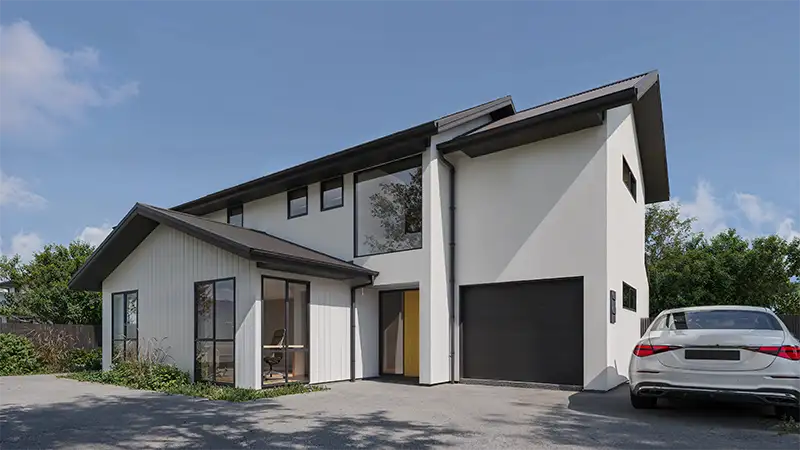 Modern two-story house with white exterior, black garage door, large windows, and a white car parked in the driveway.