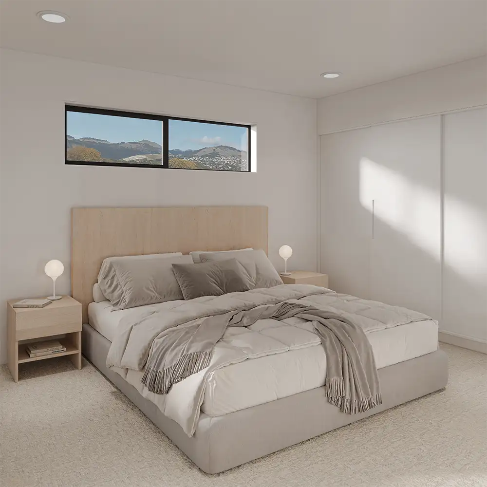 Minimalist bedroom with beige bed, wooden headboard, two nightstands with lamps, and window with mountain view.