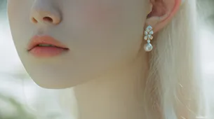 A close-up portrait of a person with fair skin and light blonde hair, with a delicate floral or nature-inspired earring, against a soft neutral background.
