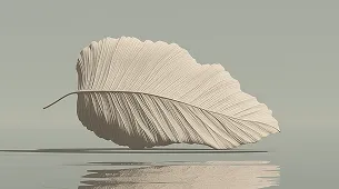 A single white feather with intricate detailed patterns, resting on a plain light background.