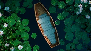 A small wooden boat or leaf-shaped vessel nestled among green clover or heart-shaped leaves.
