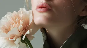 A close-up of a peach or blush-colored flower bud with soft, dreamy lighting against a muted background.