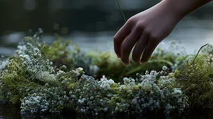 A hand gently touching or picking delicate green plants growing in a small terrarium or moss bed.