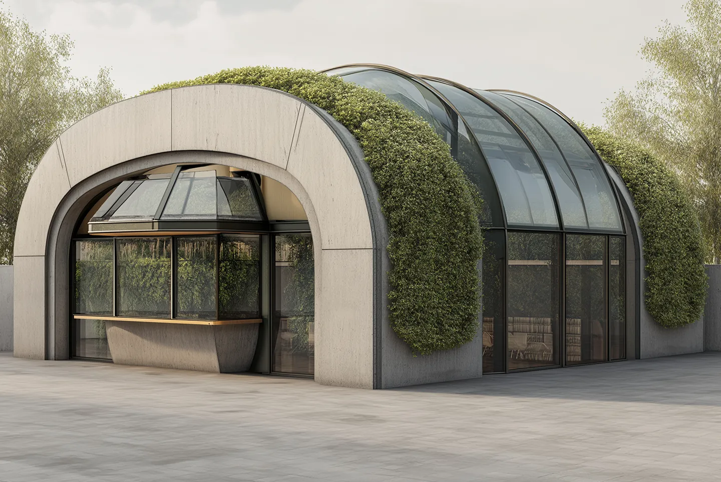 The Riverside Pocket Park at Riverland, an arch-shaped modern pavilion structure with a glass facade and a green roof covered in manicured hedges, set in an outdoor landscaped area.