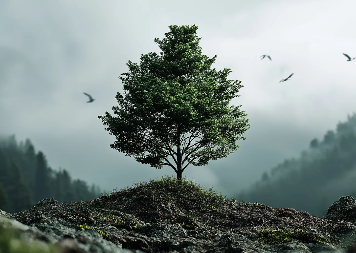 Single green tree on a rocky hill with misty forest and birds flying in the background.