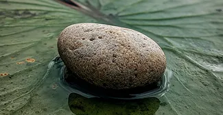A smooth grey stone resting on a dark, wet surface with subtle water droplets.