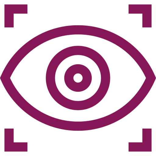 Purple eye icon with four corner brackets on a black background.