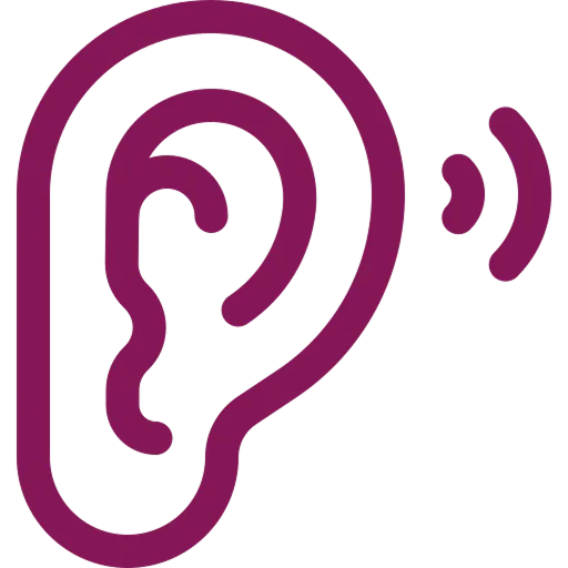 Purple outline of a human ear with sound waves indicating hearing or audio.