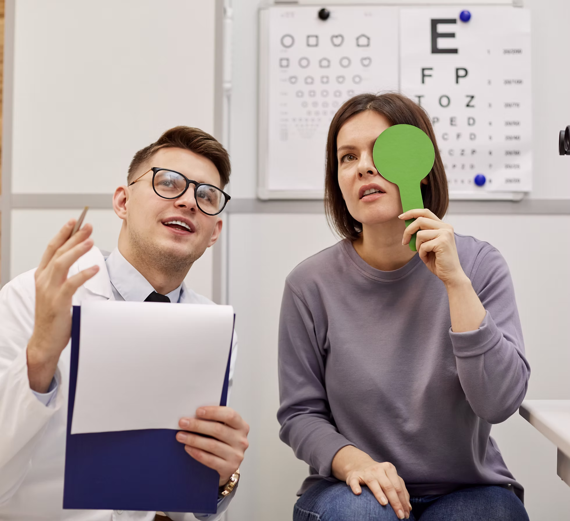 Woman covering one eye with a green paddle during an eye exam while doctor explains and holds a clipboard.