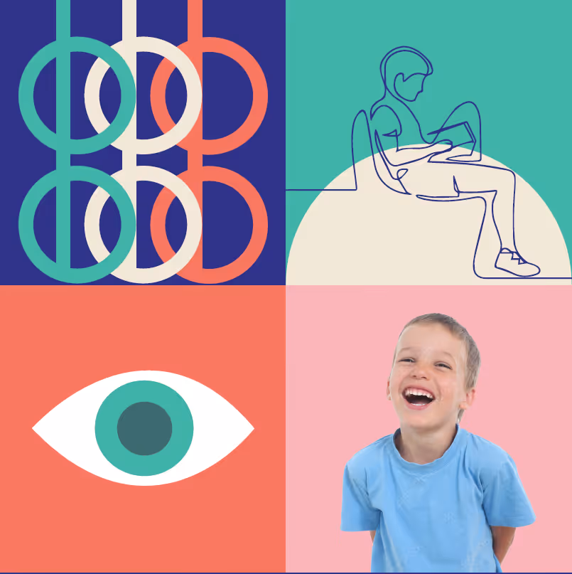 Collage with geometric shapes, continuous line drawing of a child reading, graphic eye symbol, and a smiling boy in a blue shirt against colorful backgrounds.