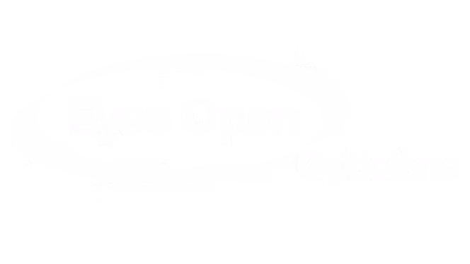 Eyes Open Opticians logo in white color