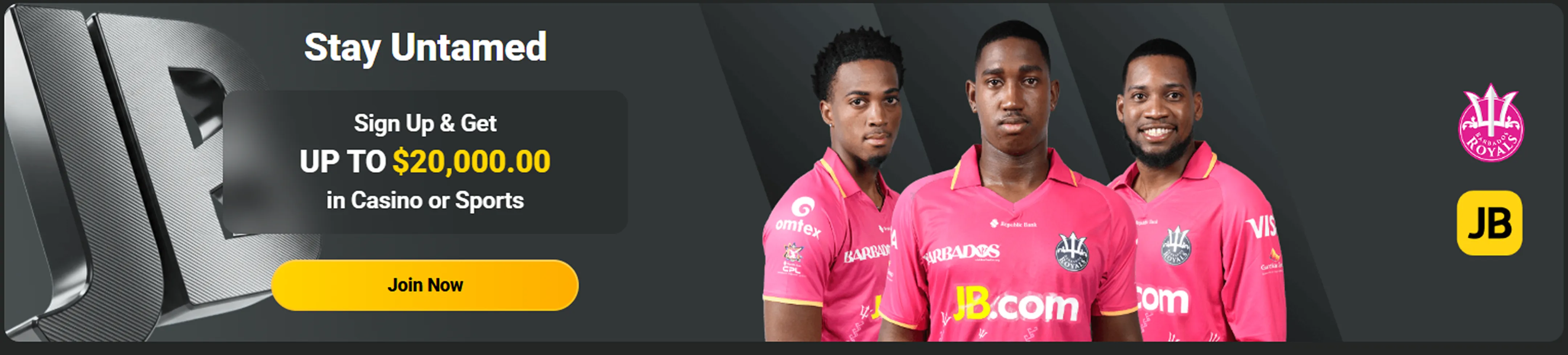 Three male athletes in pink Barbados Royals sports jerseys next to text offering up to $20,000 sign-up bonus in casino or sports with a yellow Join Now button.