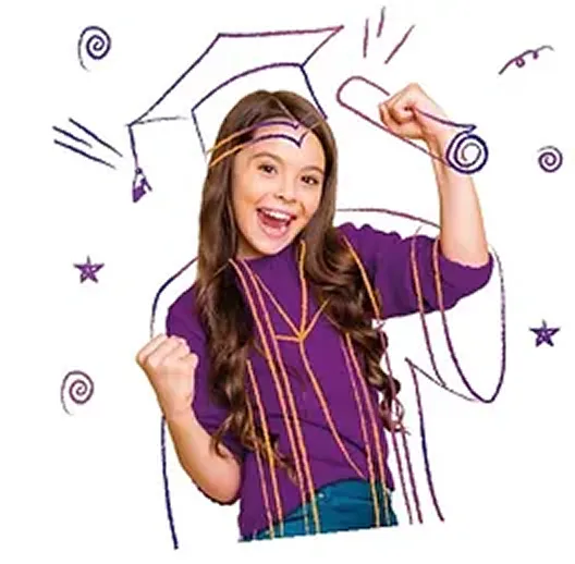 Young girl smiling and celebrating graduation with illustrated graduation cap and diploma.