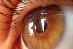 Close-up of a brown eye showing detailed iris texture and eyelashes.