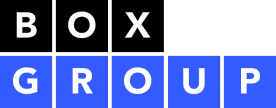 Text logo with the word BOX in white on a black background above the word GROUP in white on blue squares.