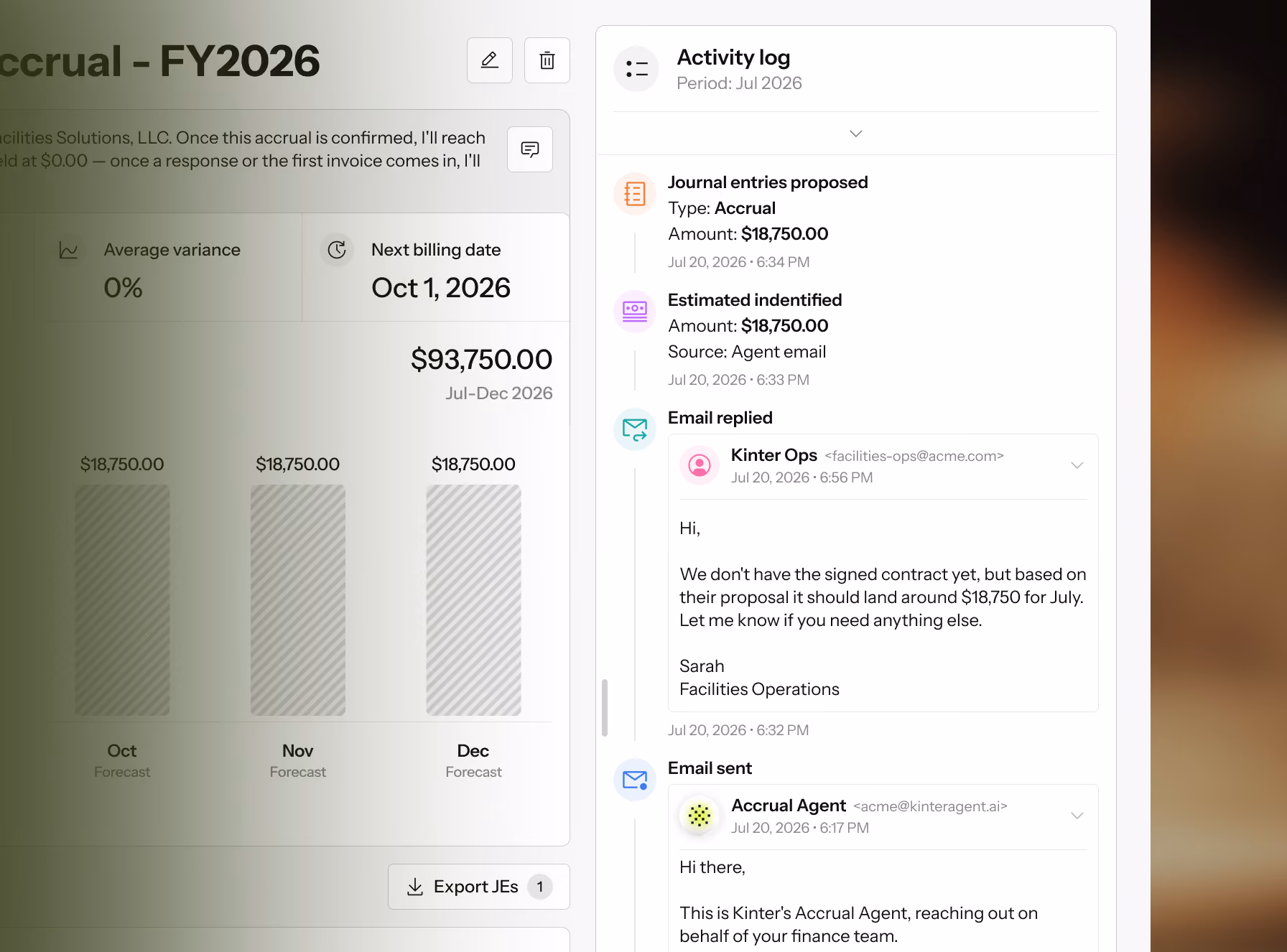 Financial dashboard showing accrual forecasts for Oct-Dec 2026 and a detailed activity log with emails.