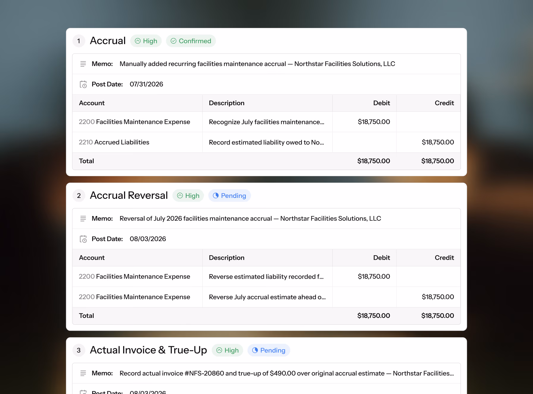 Three accounting entries for accruals with memos, post dates, accounts, descriptions, debits, and credits.
