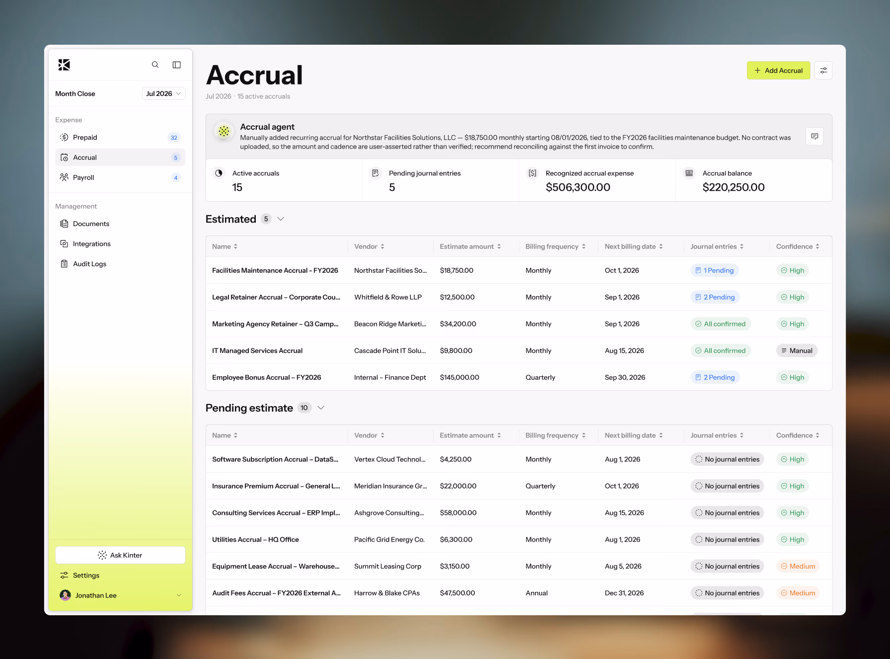 Accrual dashboard showing active accruals, pending journal entries, expenses, and estimated vs pending accruals.