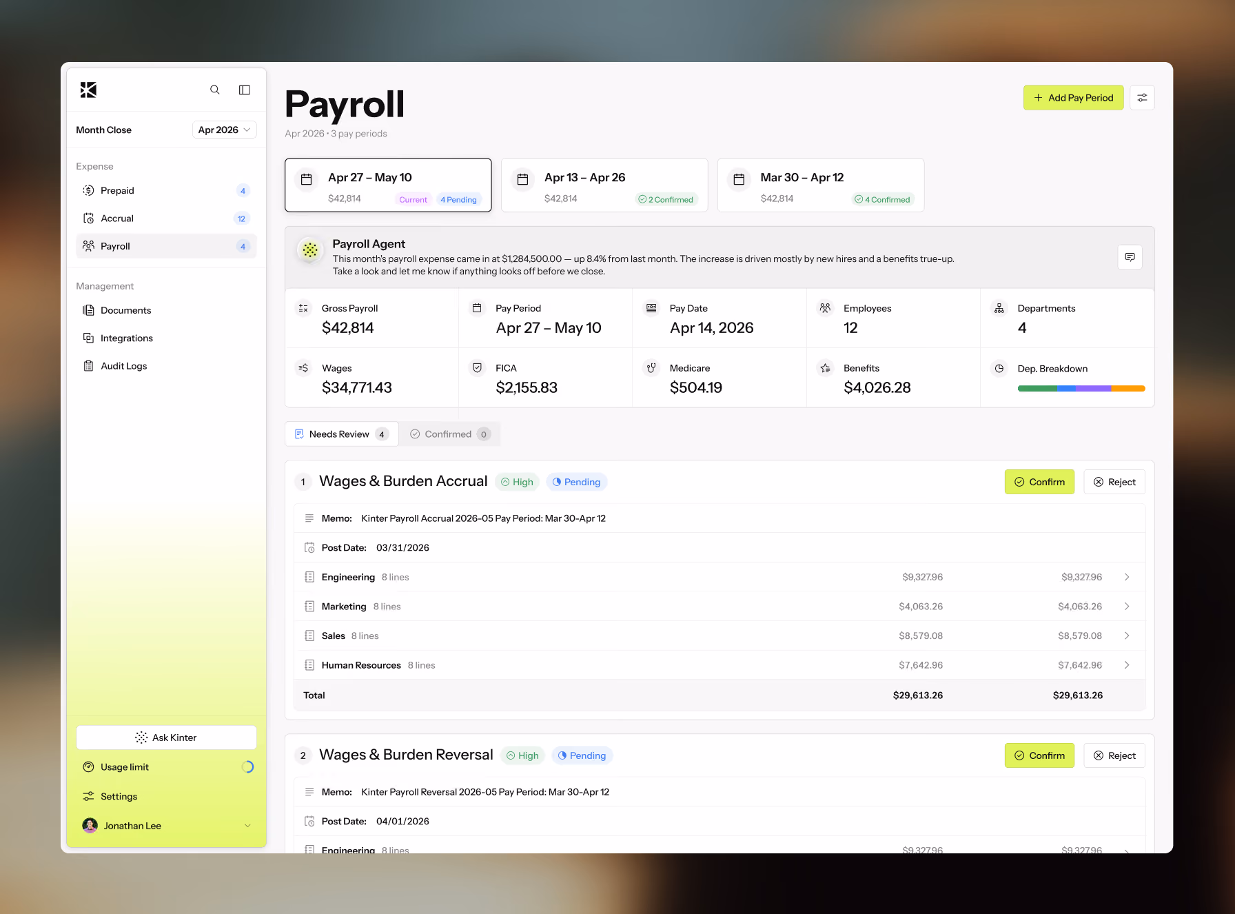 Payroll dashboard showing pay periods, gross payroll, wages, benefits, and department breakdown for April 2026.