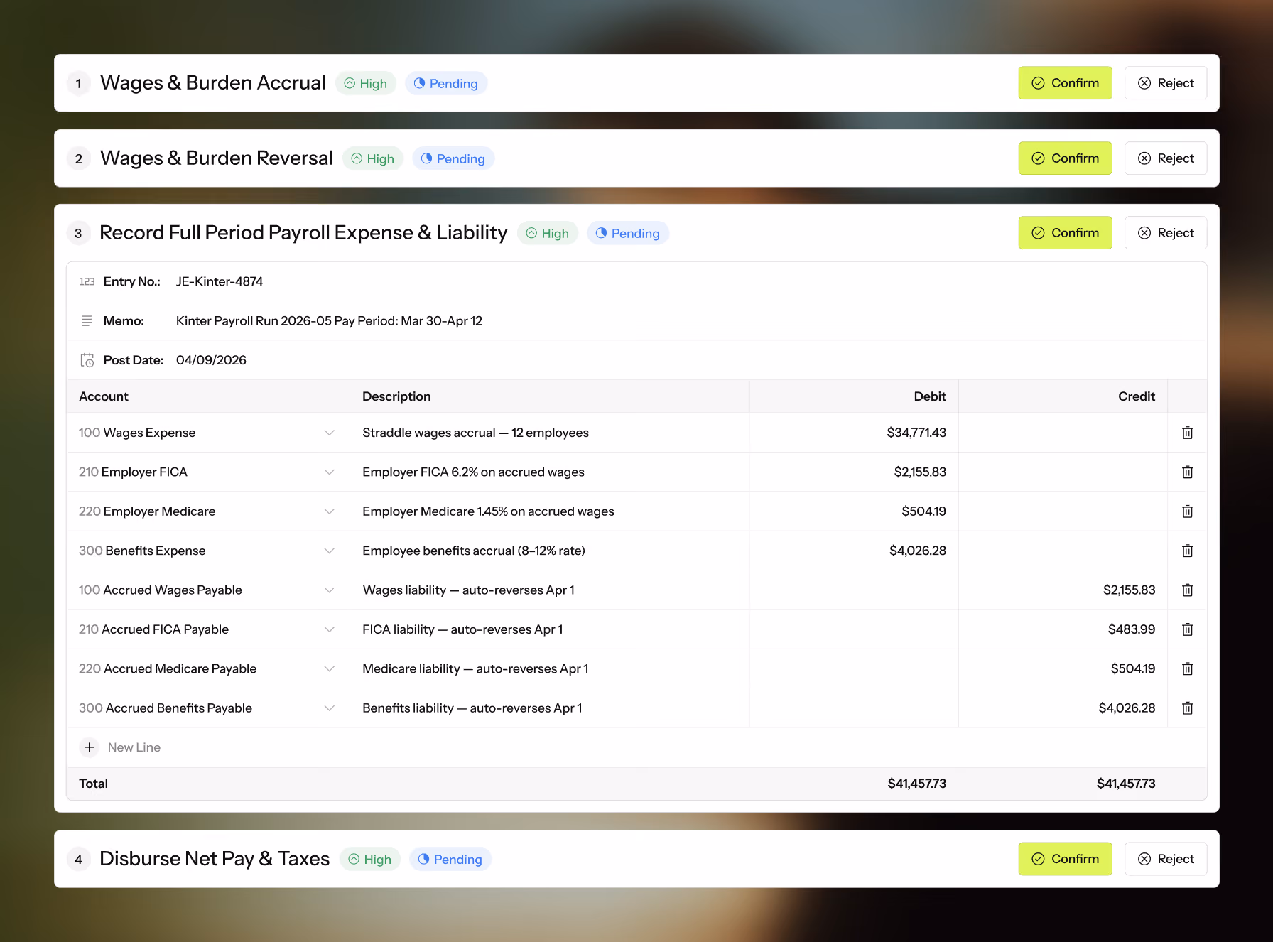 Payroll journal entries with wages, taxes, and benefits expenses and liabilities showing debits and credits.