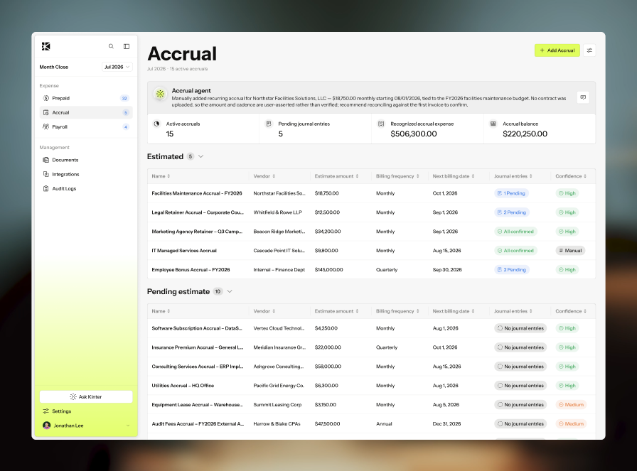 Kinter dashboard identifying and tracking accruals