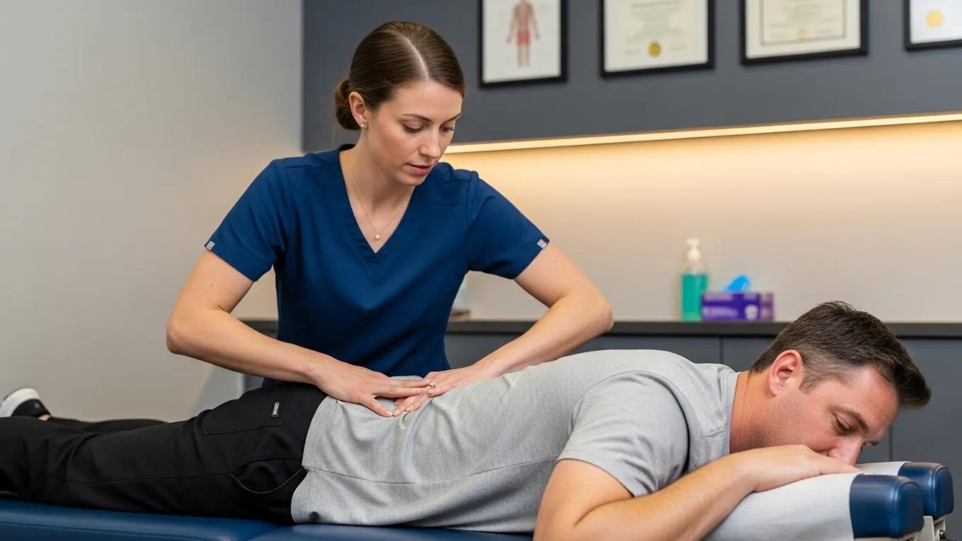 Chiropractor demonstrating spinal adjustments for pinched nerve in back