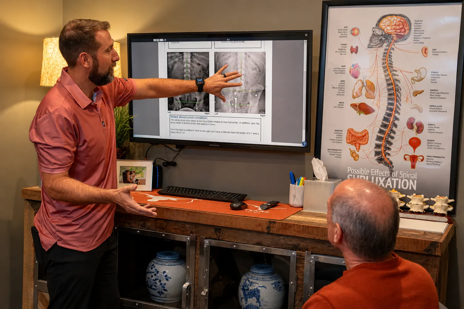 Dr. Ben pointing to spinal X-ray images on a large monitor while explaining the results to a seated patient during a consultation.