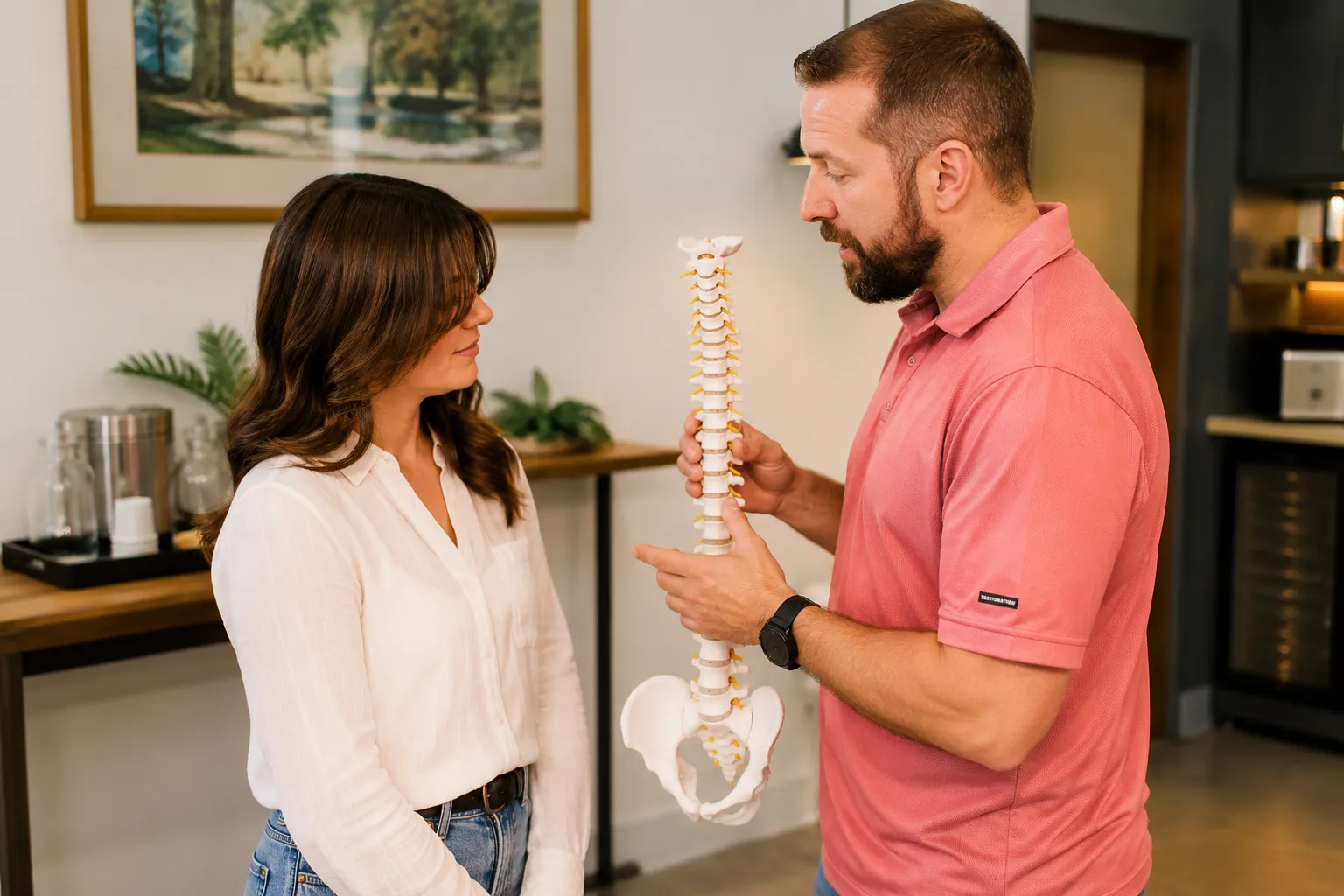 Dr. Ben explaining a spine model to a patient during a lower back injury consultation at Thrive Wellness Center.