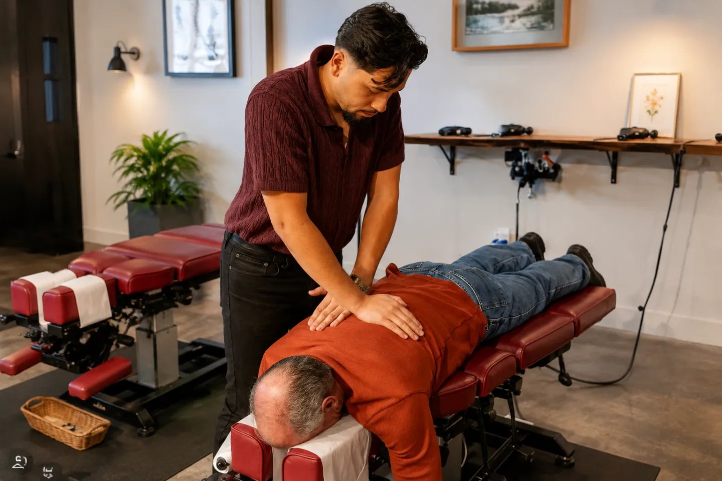 Thrive Wellness Center chiropractor applying hands-on pressure to a patient’s lower back while the patient lies face down on a treatment table.