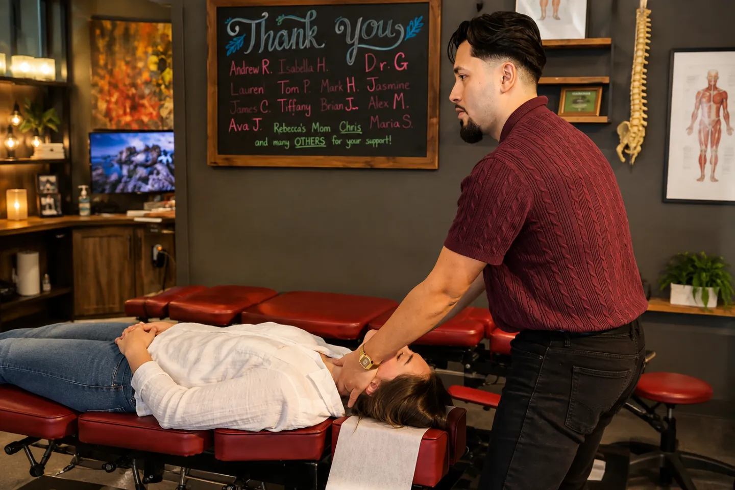 Thrive Wellness Center chiropractor assessing a patient’s lower back during a herniated disc evaluation.