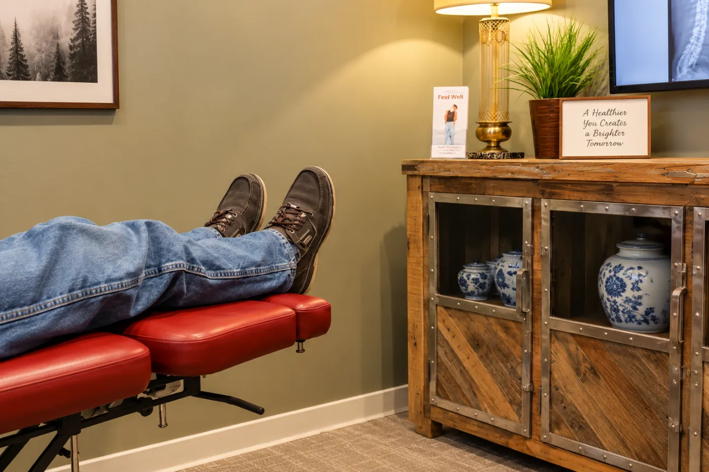 Patient’s legs resting on a red chiropractic treatment table in a clinical room with a wooden cabinet, medical decor, and spinal imaging visible on a wall-mounted screen. 