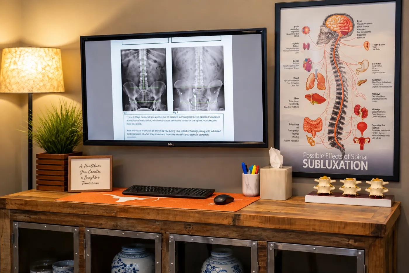 Chiropractic office workstation displaying lumbar spine X-rays with alignment markings beside a spinal anatomy poster and vertebrae models.