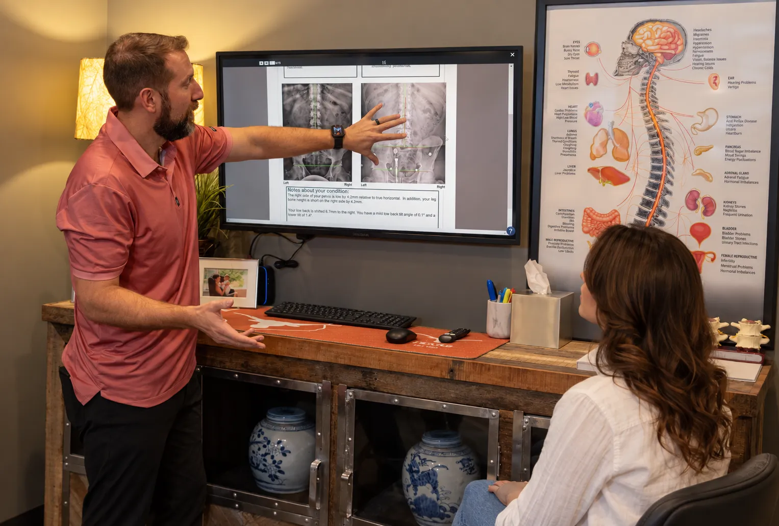 Dr. Ben Ozanne explaining spinal X-rays and alignment findings to a woman during a CBP consultation.