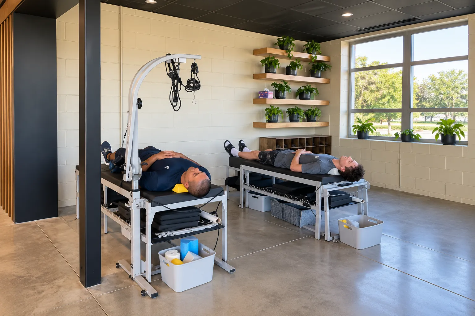 Two patients receiving care on treatment tables at Thrive Wellness Center.