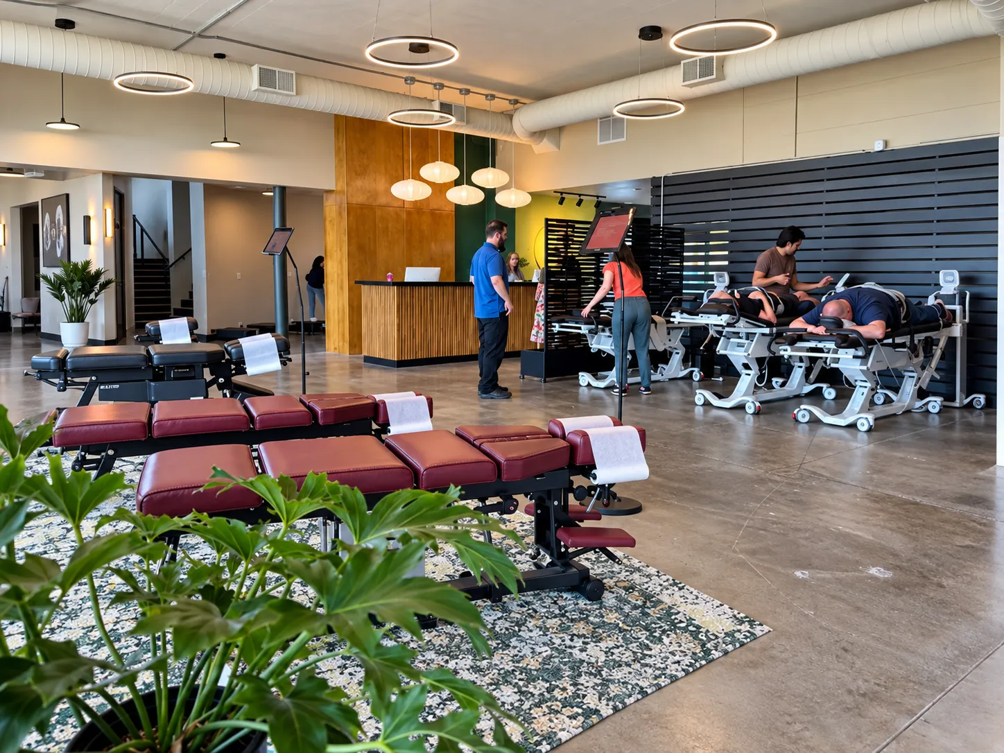Modern chiropractic wellness center with multiple treatment tables, patients receiving care, and staff working in a spacious clinic with wood and black accents.