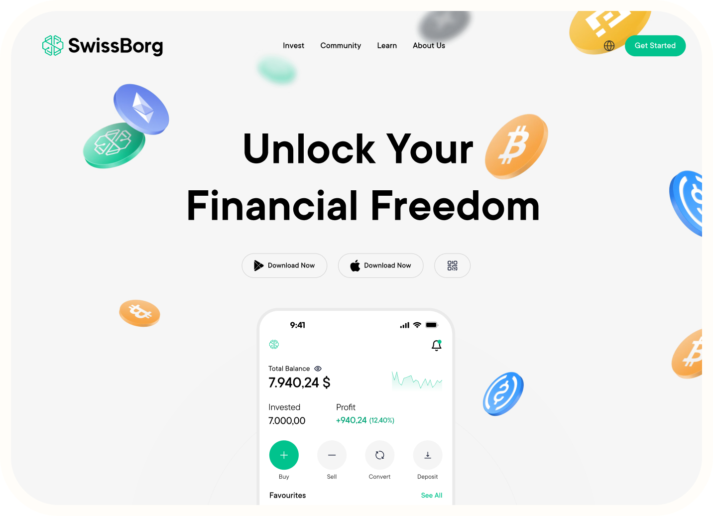 SwissBorg homepage banner with text 'Unlock Your Financial Freedom,' featuring cryptocurrency icons and a smartphone screen showing account balance and investment options.