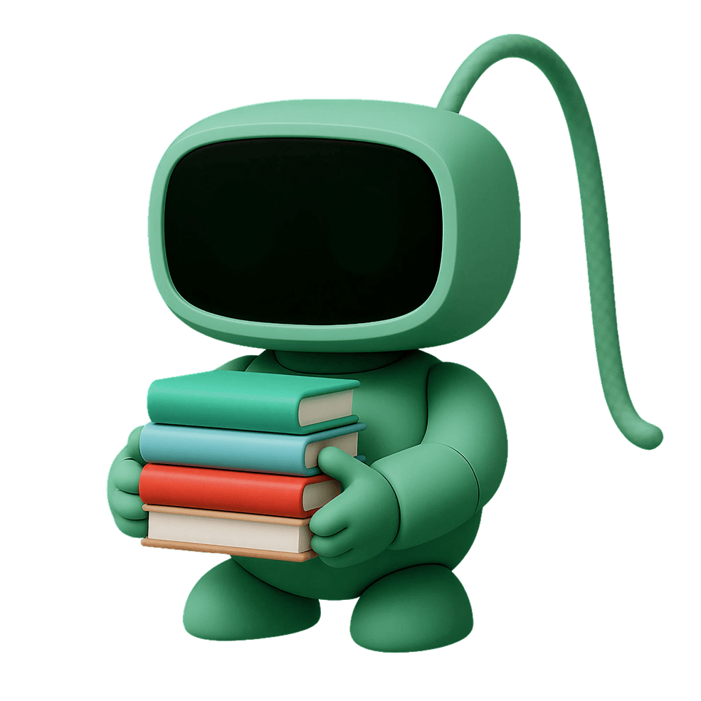 Green robot character holding a stack of four colorful books.