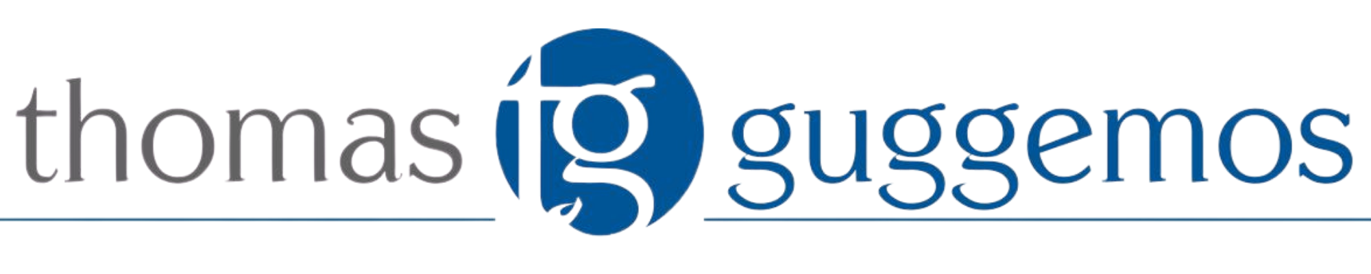 Logo with text 'thomas guggemos' and stylized ig in a blue circle in the center.