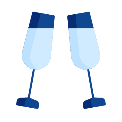 Zwei angestoßene Champagnergläser in Blau- und Hellblautönen.